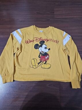 Disney Yellow Mickey Mouse Pullover Sweatshirt with White Shoulder Stripes
